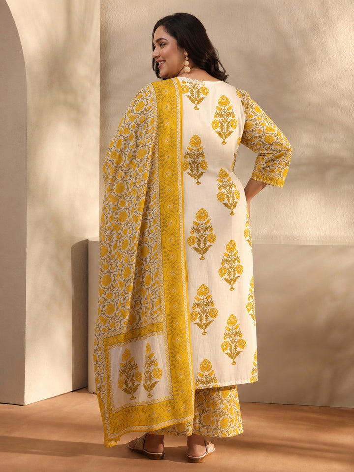 Plus Size Yellow Floral Printed Cotton Blend Anarkali Suit Set
