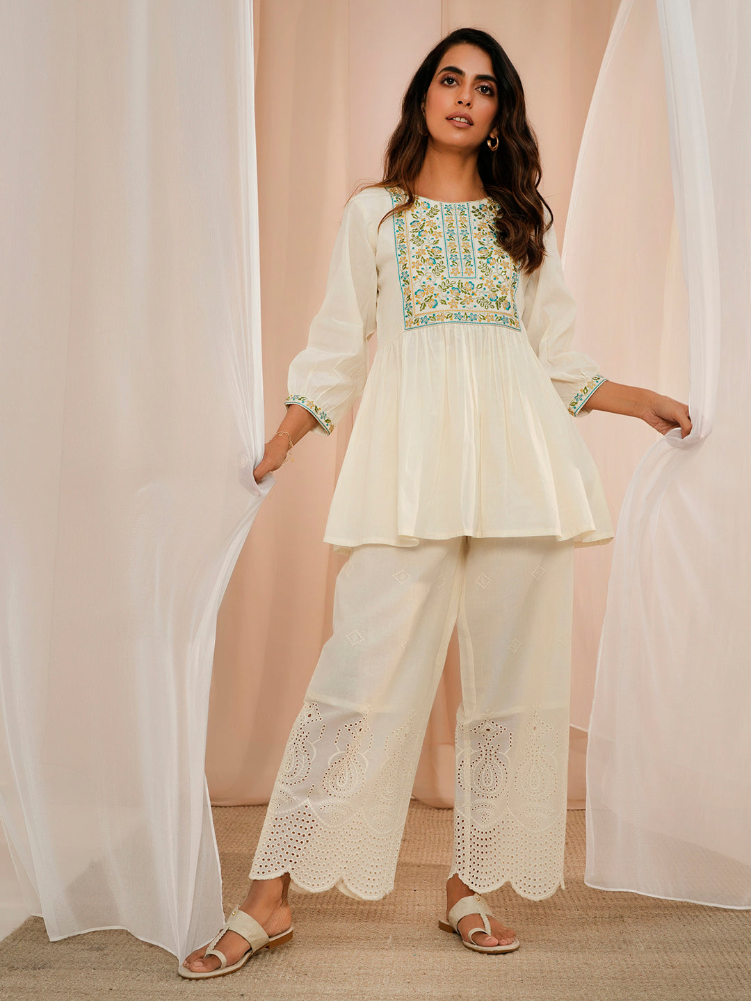 Off White Embroidered Cotton Wide Leg Palazzos