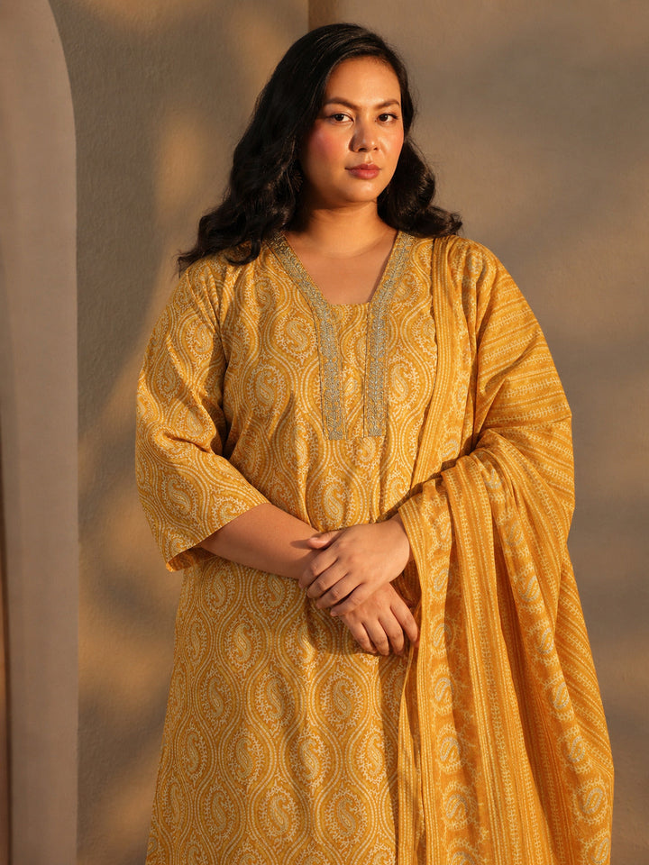 Plus Size Yellow Paisley Printed Cotton Straight Suit Set