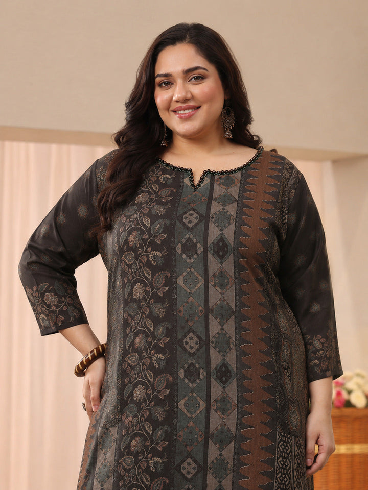 Plus Size Black Ethnic Printed Linen Straight Suit Set