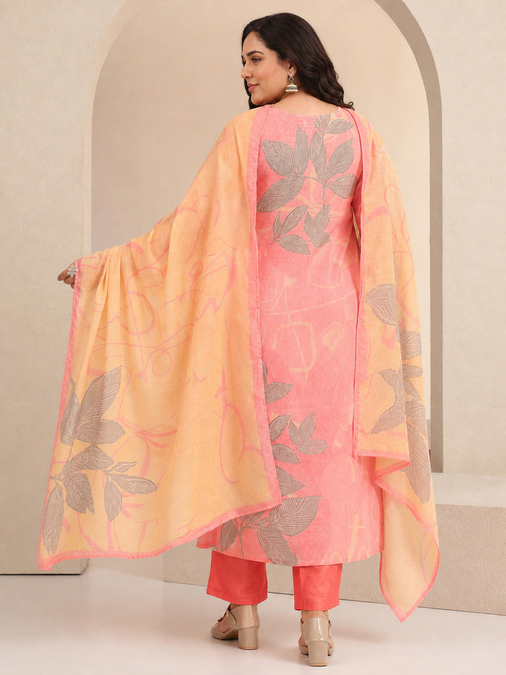 Plus Size Pink Floral Printed Cotton Straight Suit Set
