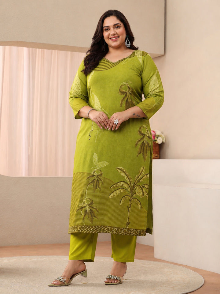 Plus Size Green Printed Linen Straight Suit Set