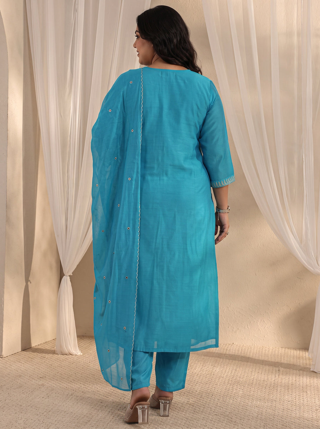 Plus Size Blue Ethnic Embroidered Chanderi Silk Straight Suit Set With Dupatta