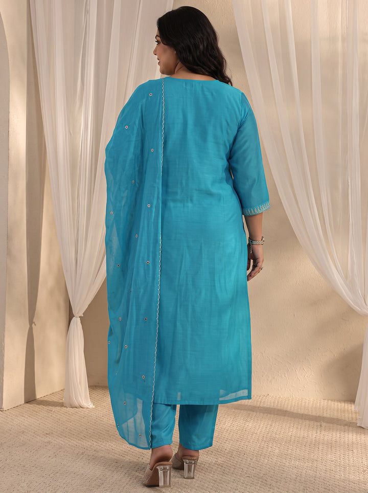 Plus Size Blue Ethnic Embroidered Chanderi Silk Straight Suit Set With Dupatta
