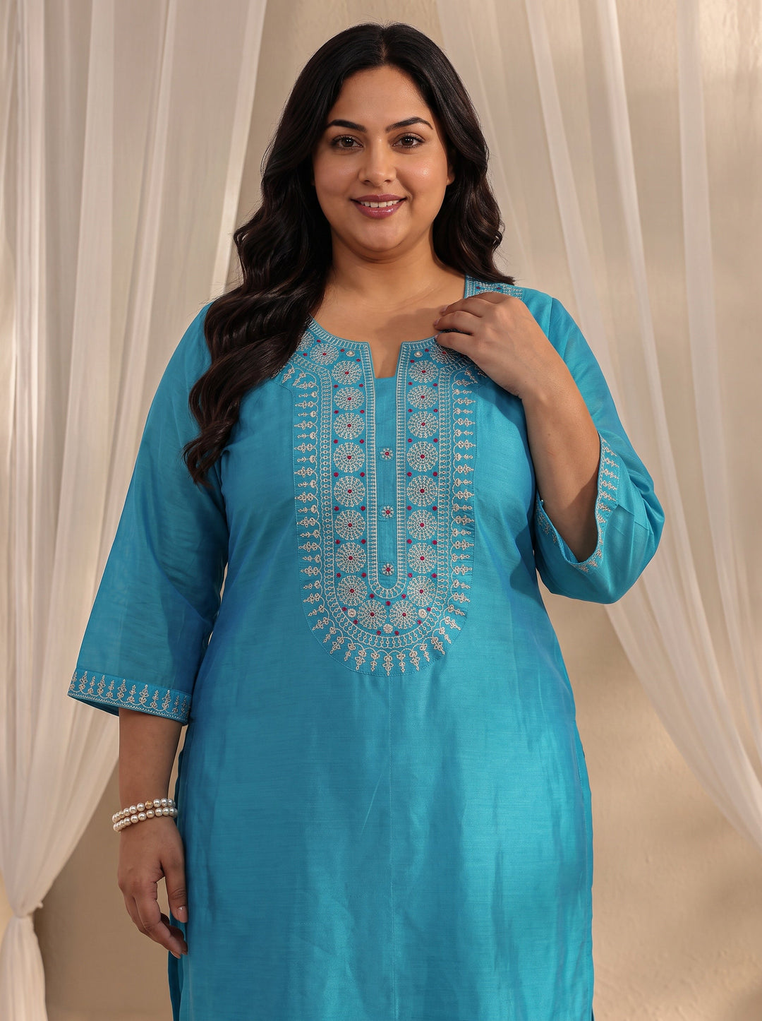 Plus Size Blue Ethnic Embroidered Chanderi Silk Straight Suit Set With Dupatta