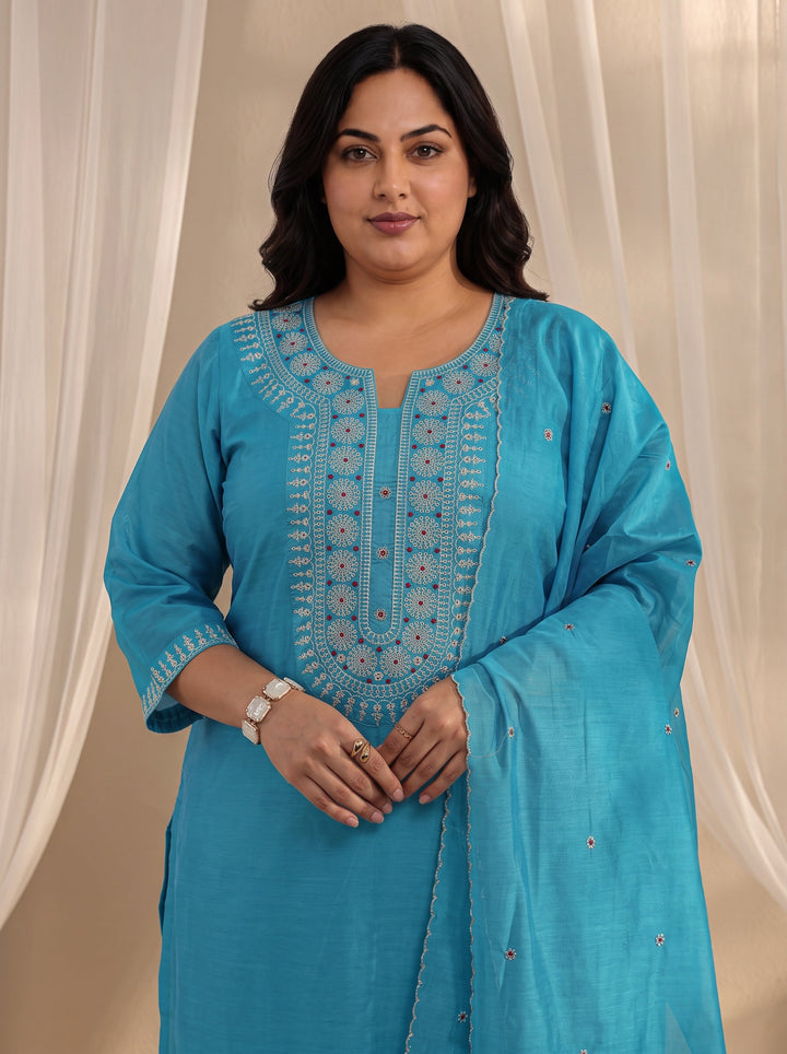 Plus Size Blue Ethnic Embroidered Chanderi Silk Straight Suit Set With Dupatta