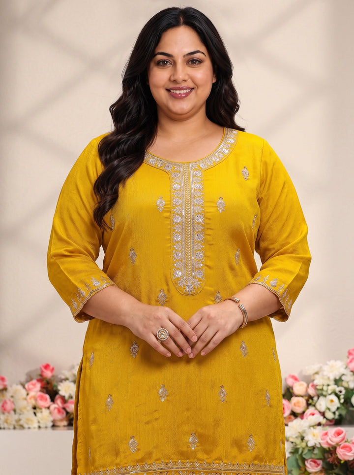 Plus Size Mustard Floral Embroidered Silk Blend Straight Suit Set With Dupatta