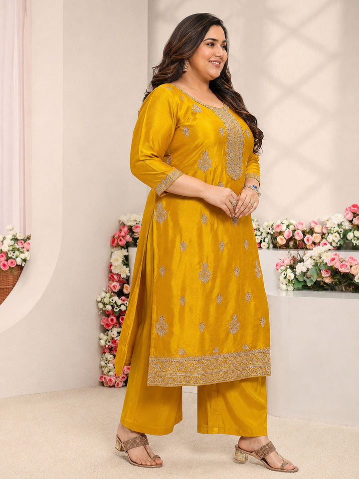 Plus Size Mustard Embroidered Silk Blend Straight Suit Set With Dupatta