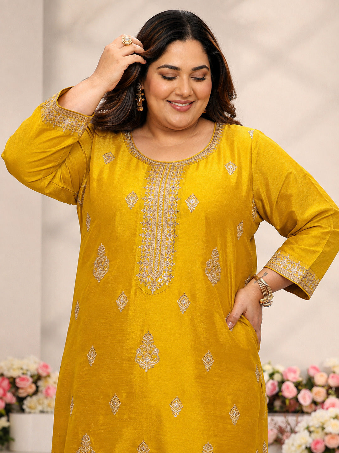 Plus Size Mustard Embroidered Silk Blend Straight Suit Set With Dupatta