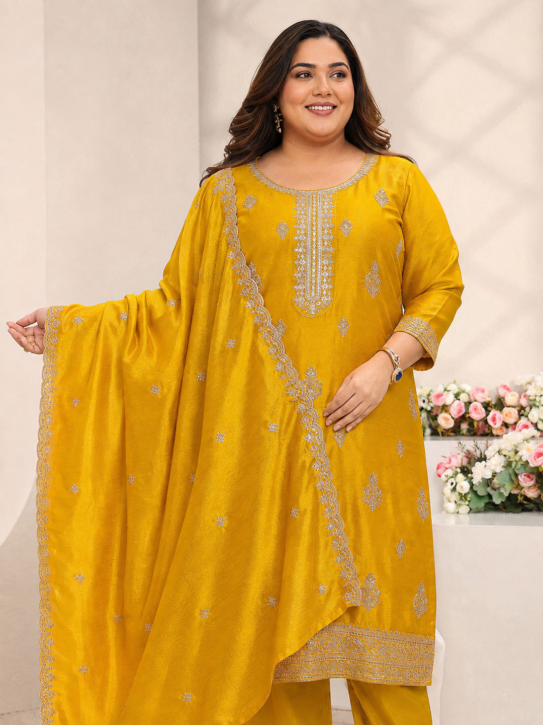 Plus Size Mustard Embroidered Silk Blend Straight Suit Set With Dupatta