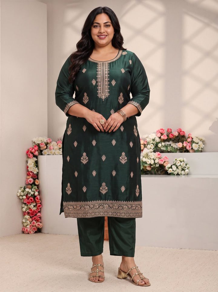 Plus Size Green Embroidered Silk Blend Straight Suit Set With Dupatta