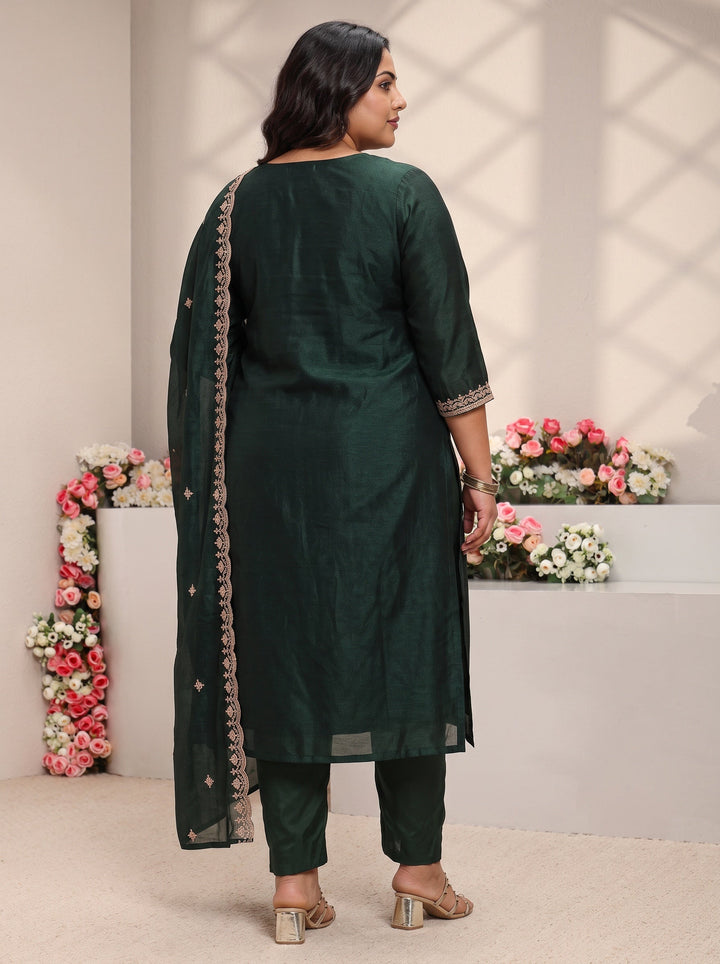 Plus Size Green Embroidered Silk Blend Straight Suit Set With Dupatta