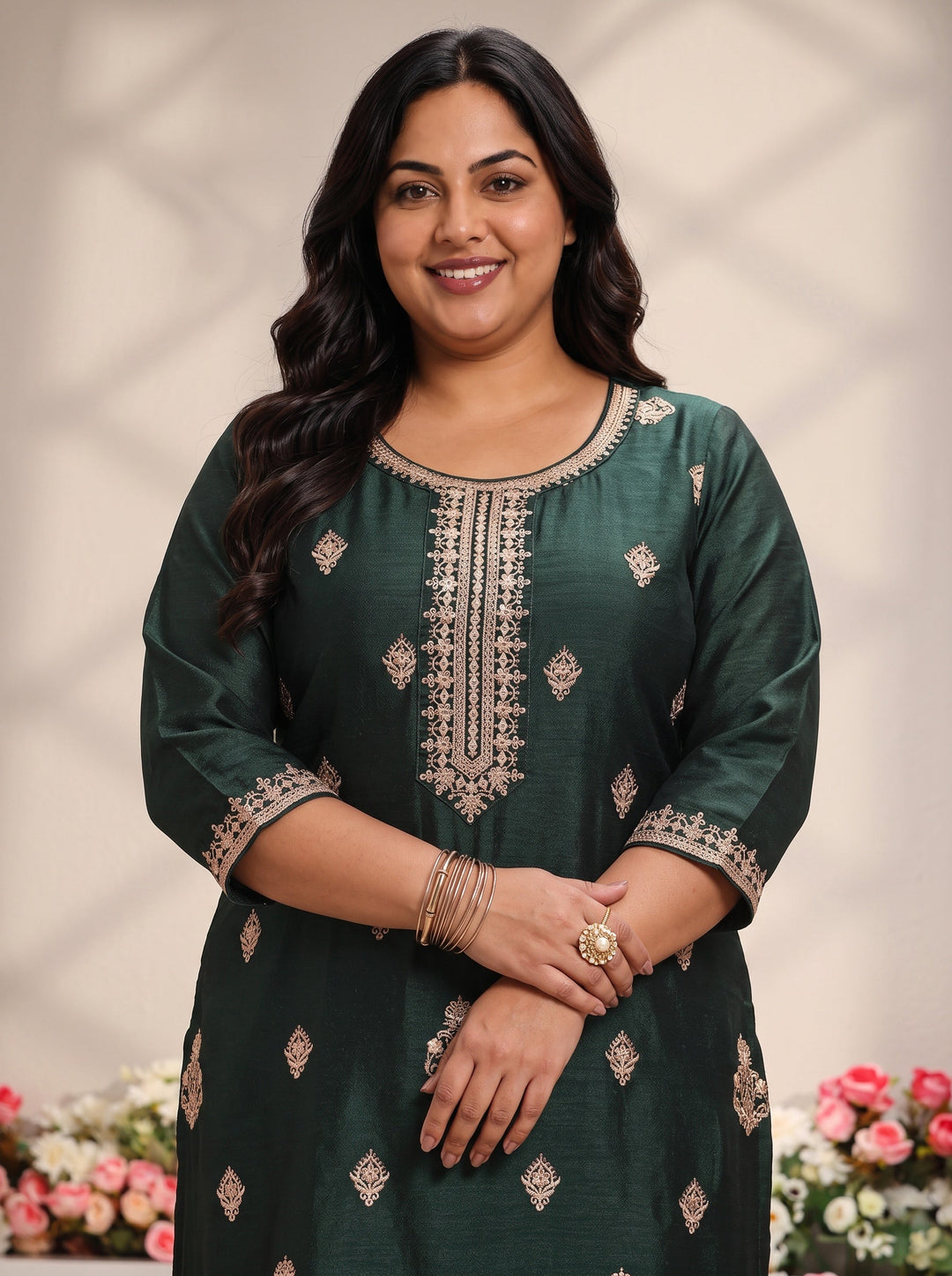 Plus Size Green Embroidered Silk Blend Straight Suit Set With Dupatta