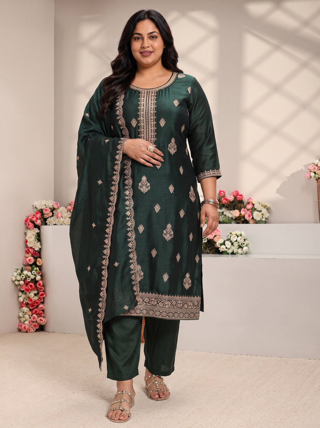 Plus Size Green Embroidered Silk Blend Straight Suit Set With Dupatta