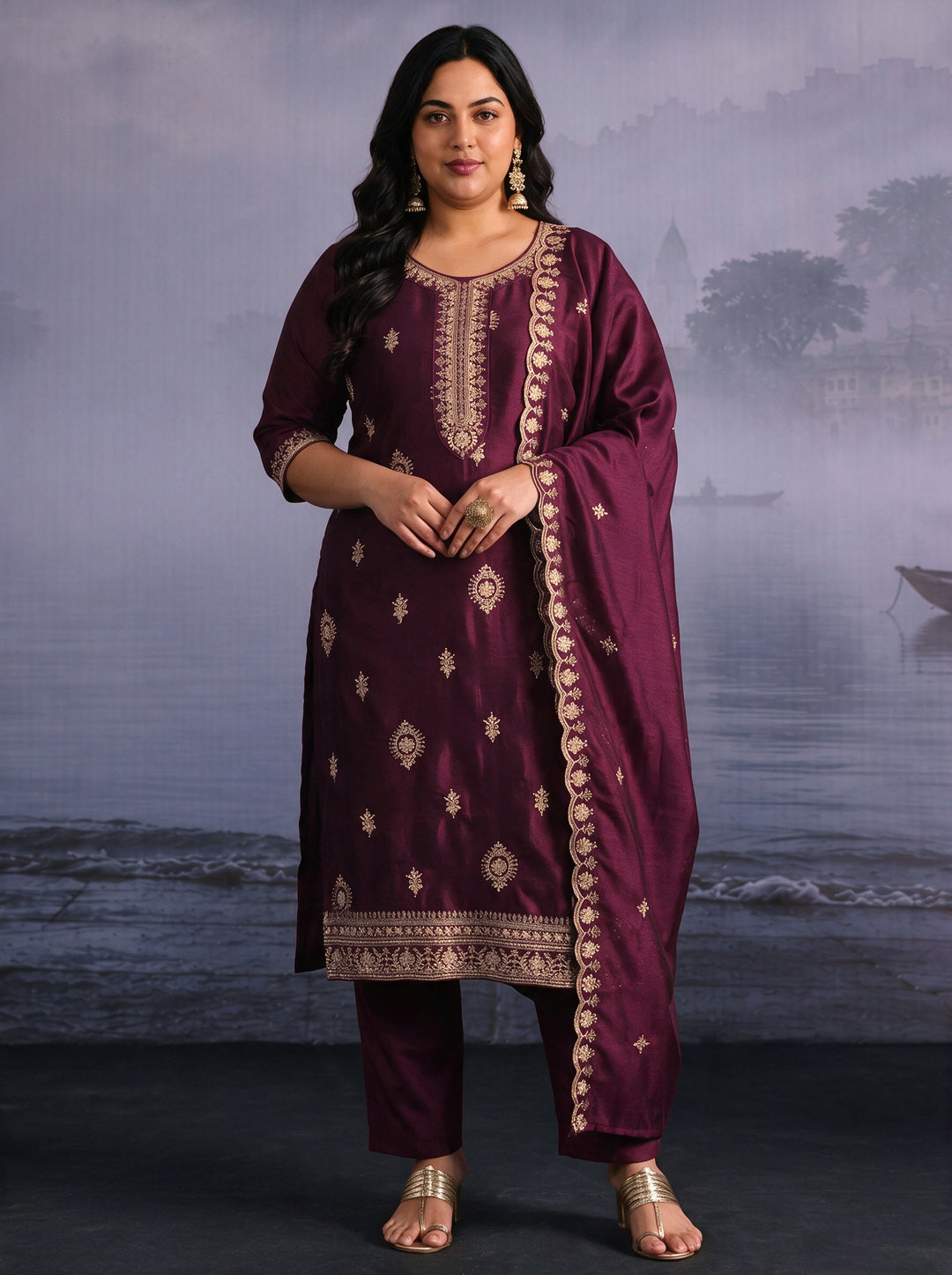 Plus Size Wine Embroidered Silk Blend Straight Suit Set