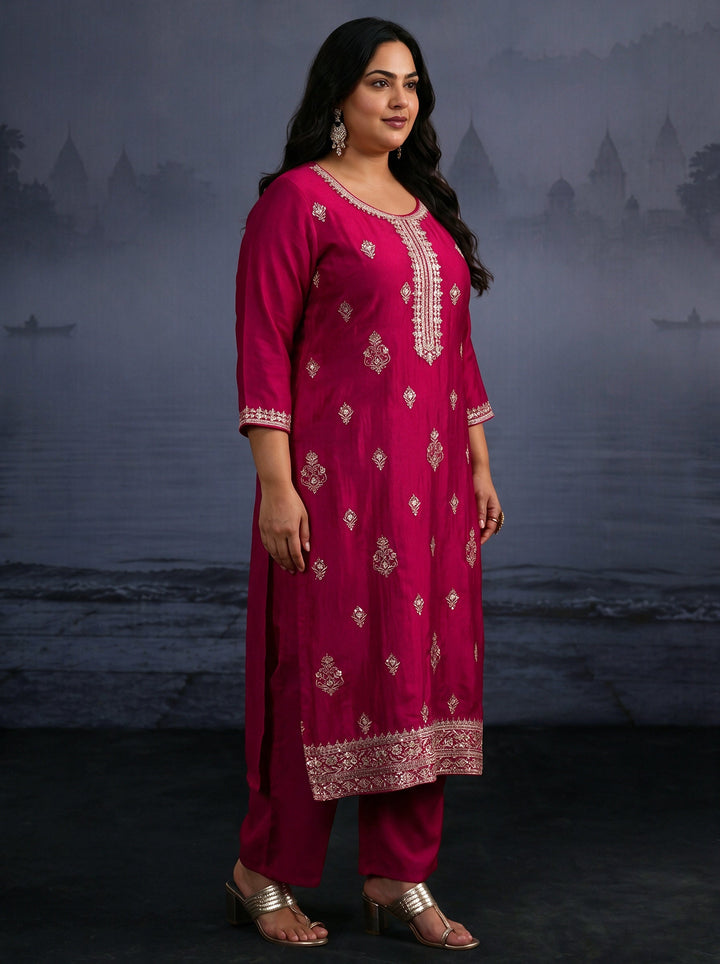 Plus Size Rani Pink Embroidered Silk Blend Straight Suit Set