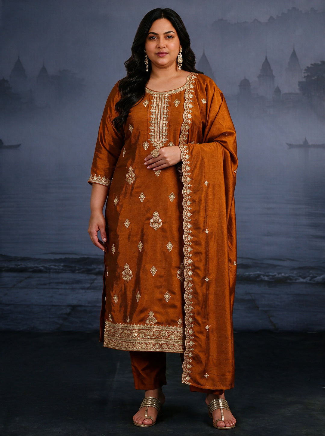 Plus Size Rust Brown Embroidered Silk Blend Straight Suit Set