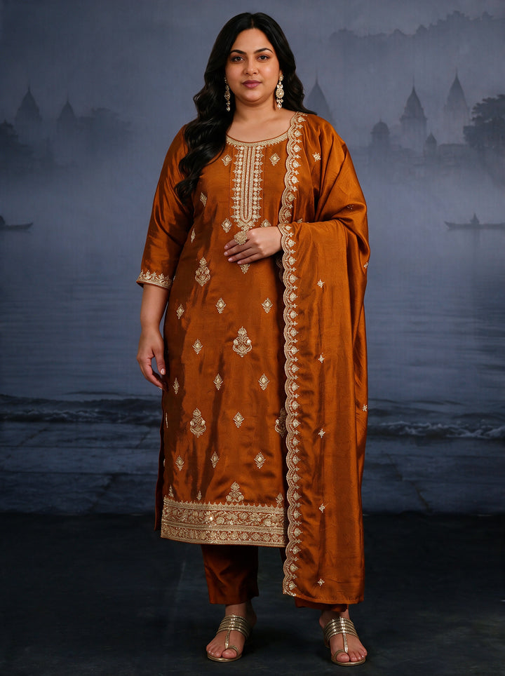Plus Size Rust Brown Embroidered Silk Blend Straight Suit Set