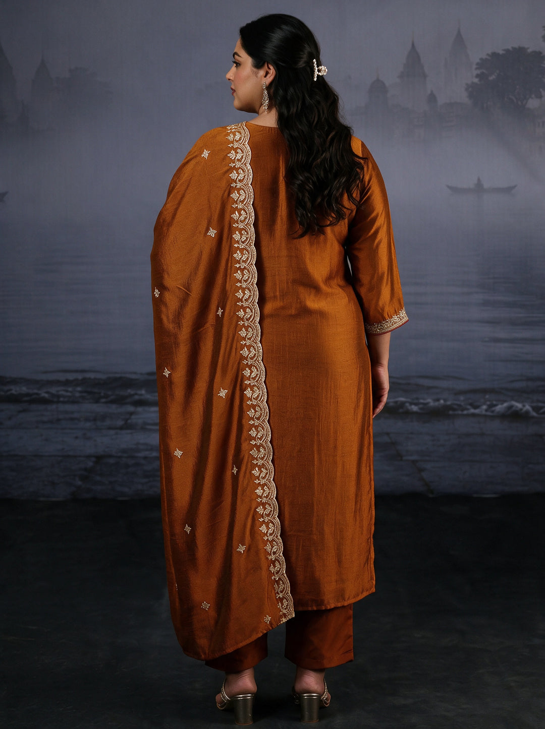 Plus Size Rust Brown Embroidered Silk Blend Straight Suit Set