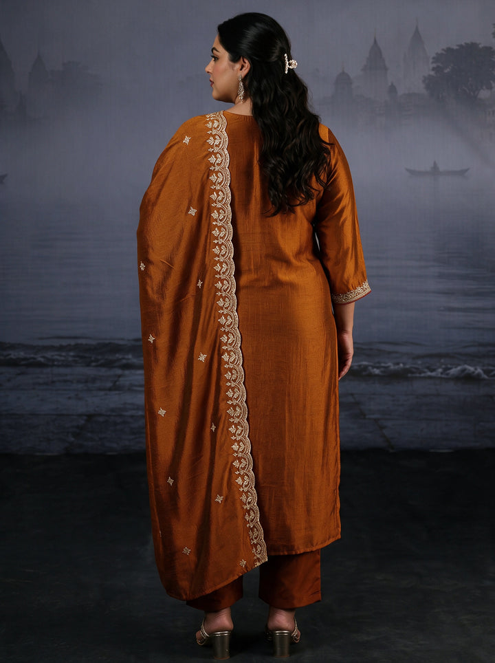 Plus Size Rust Brown Embroidered Silk Blend Straight Suit Set