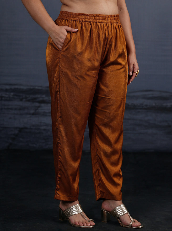 Plus Size Rust Brown Embroidered Silk Blend Straight Suit Set