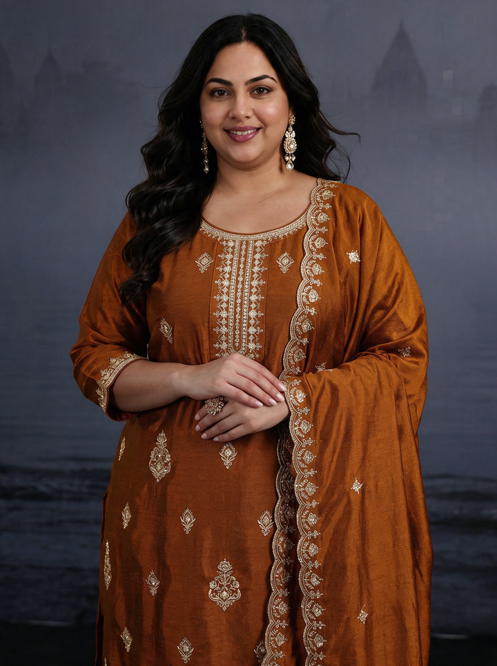 Plus Size Rust Brown Embroidered Silk Blend Straight Suit Set
