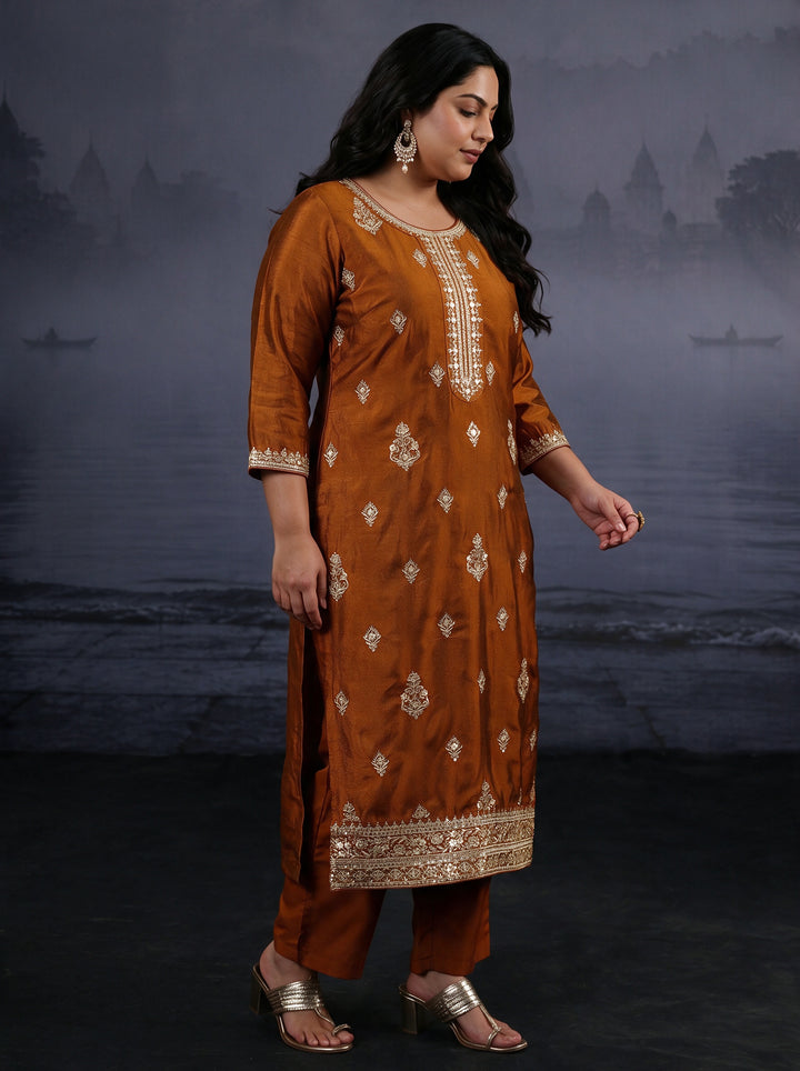 Plus Size Rust Brown Embroidered Silk Blend Straight Suit Set