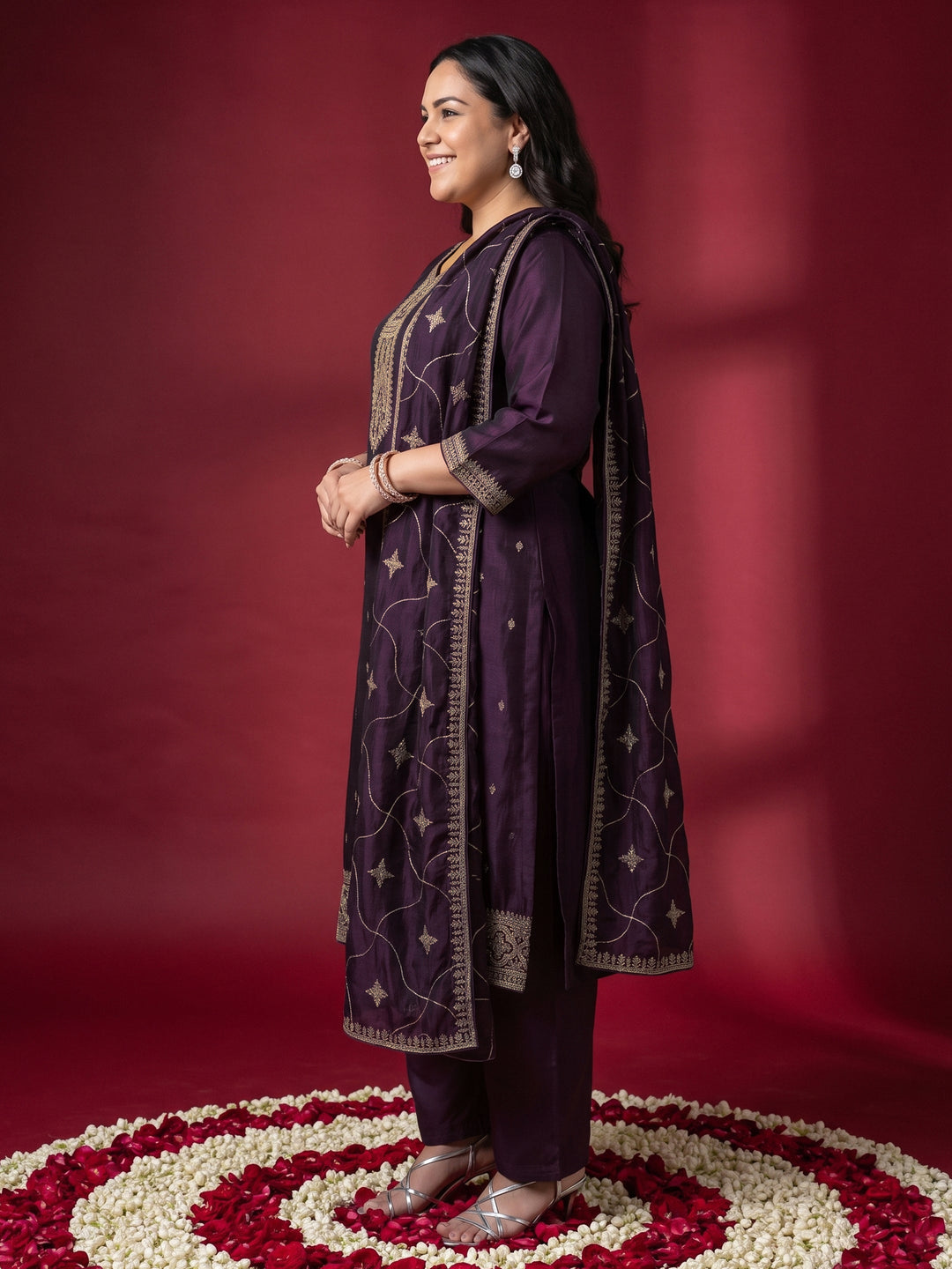Plus Size Burgundy Embroidered Silk Blend Straight Suit Set