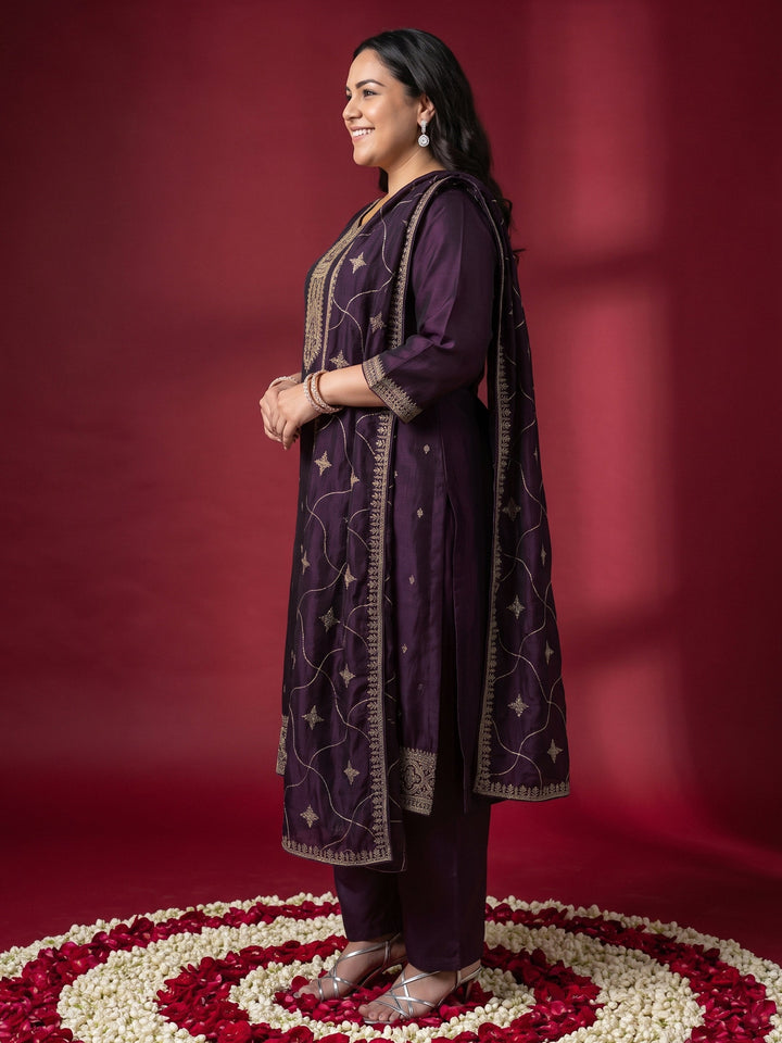 Plus Size Burgundy Embroidered Silk Blend Straight Suit Set