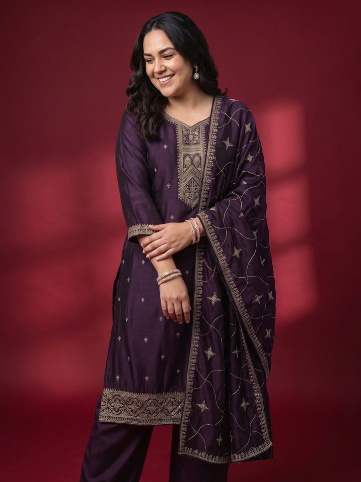 Plus Size Burgundy Embroidered Silk Blend Straight Suit Set