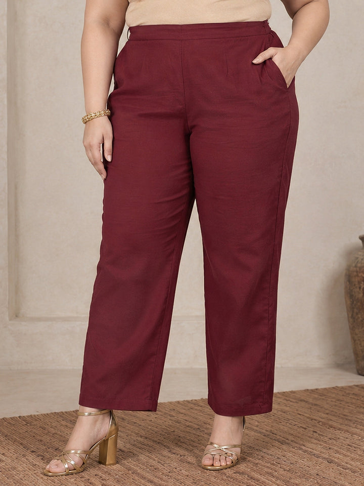 Plus Size Maroon Embroidered Silk Blend Straight Suit Set