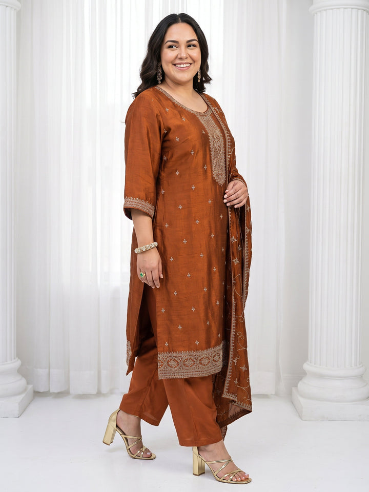 Plus Size Rust Brown Embroidered Silk Blend Straight Suit Set