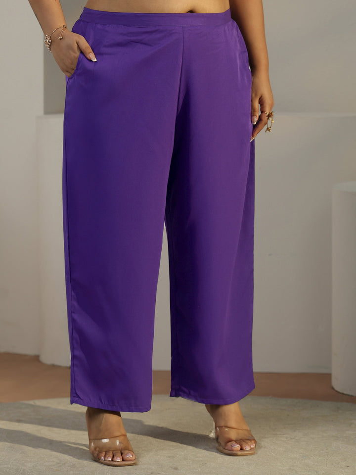 Plus Size Purple Floral Printed Silk Blend Straight Kurta Set