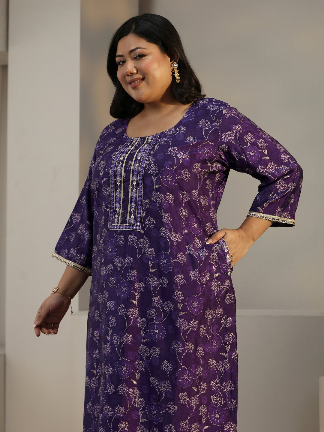 Plus Size Purple Floral Printed Silk Blend Straight Kurta Set