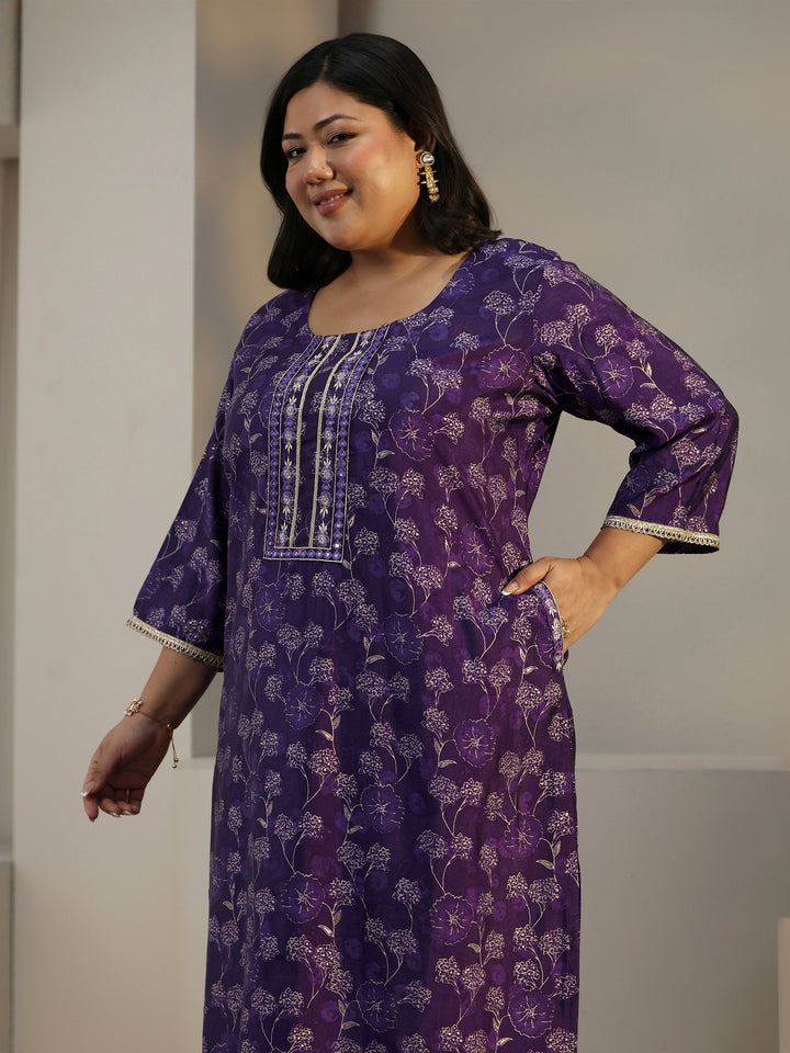 Plus Size Purple Floral Printed Silk Blend Straight Kurta Set