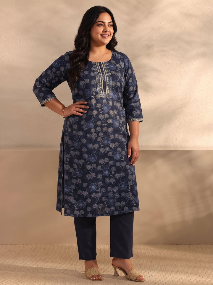 Plus Size Navy Blue Floral Printed Silk Blend Straight Kurta Set