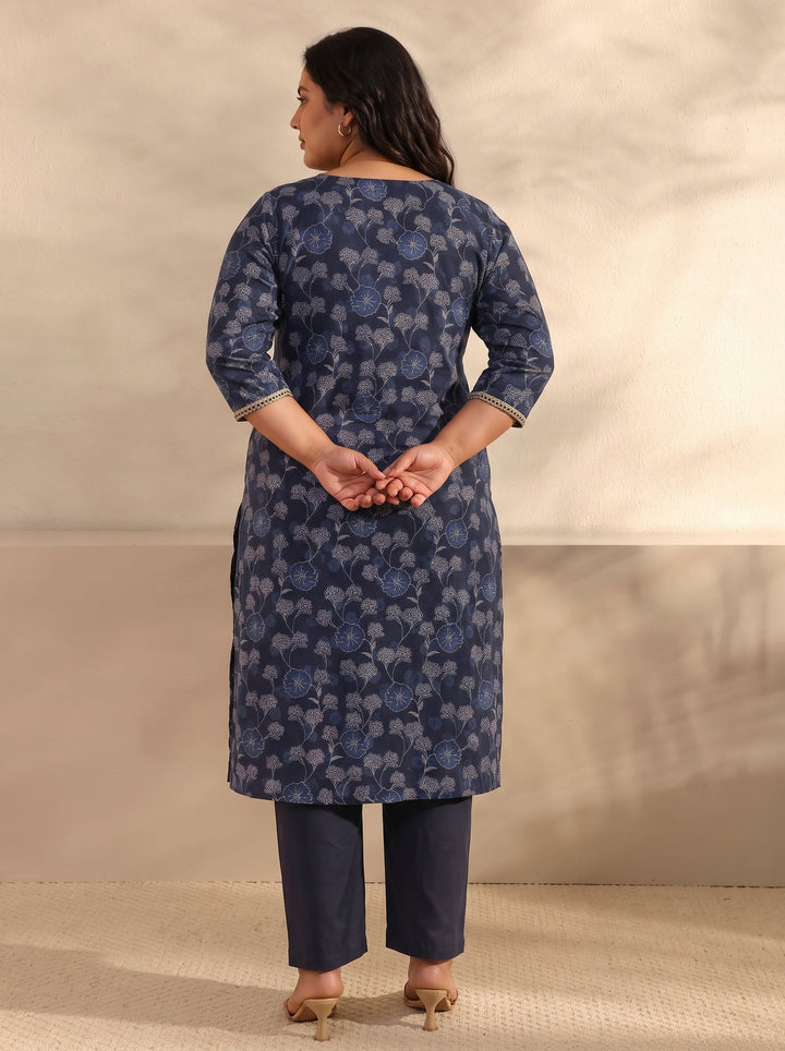 Plus Size Navy Blue Floral Printed Silk Blend Straight Kurta Set