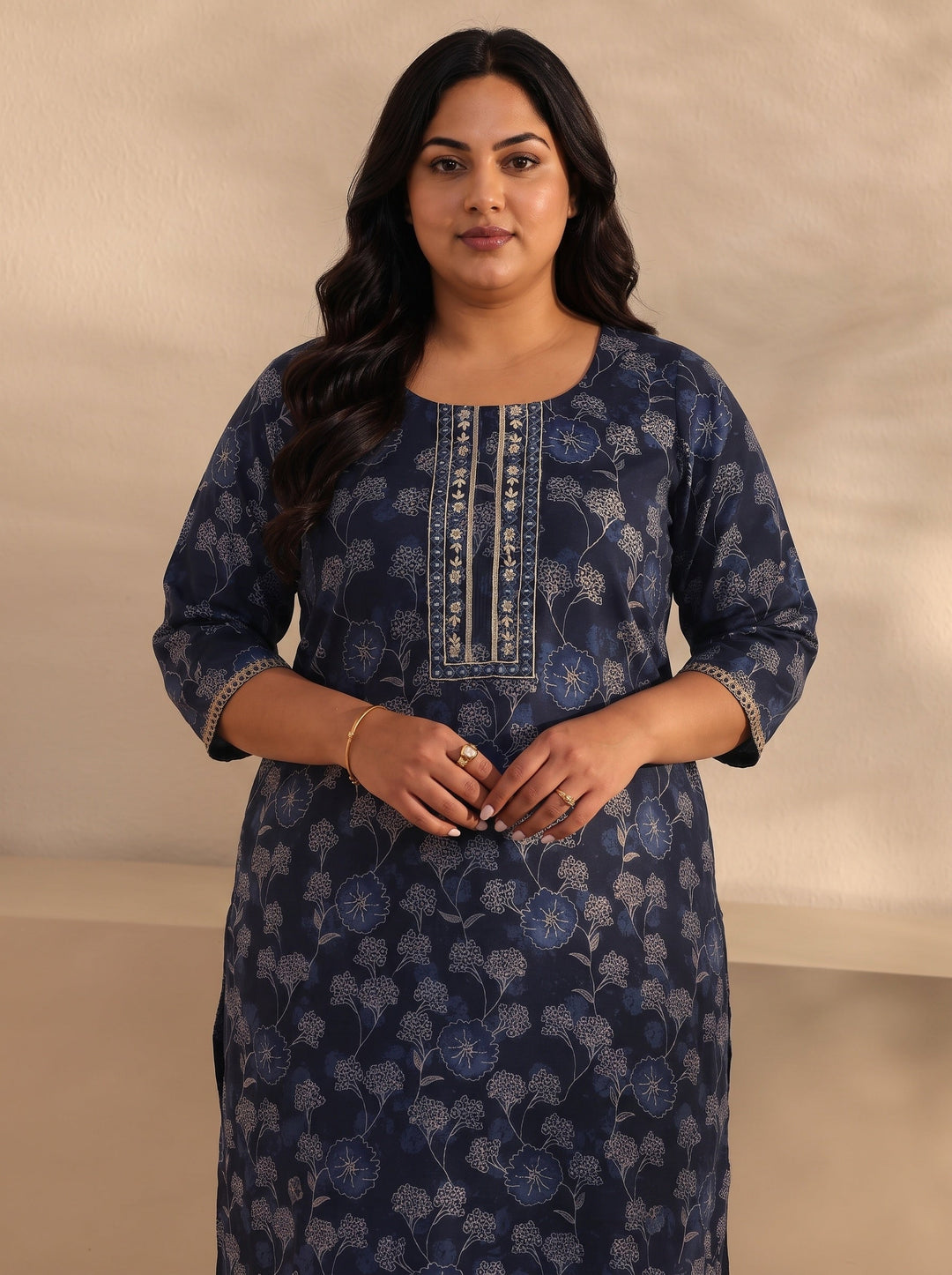 Plus Size Navy Blue Floral Printed Silk Blend Straight Kurta Set