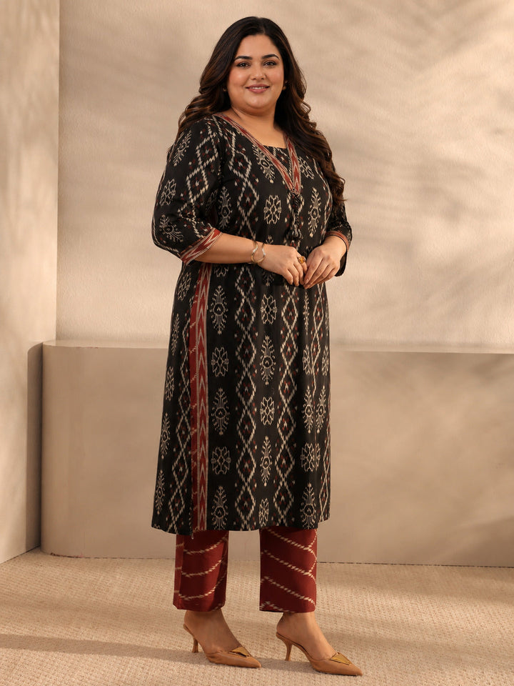 Plus Size Black Ethnic Printed Cotton Straight Suit Set With Dupatta