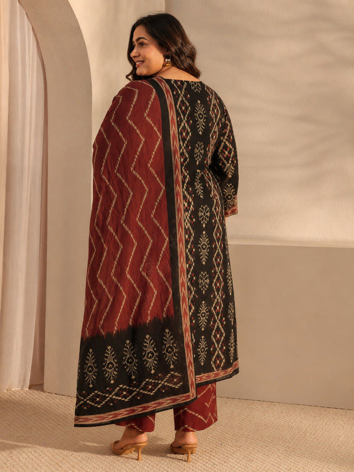 Plus Size Black Ethnic Printed Cotton Straight Suit Set With Dupatta