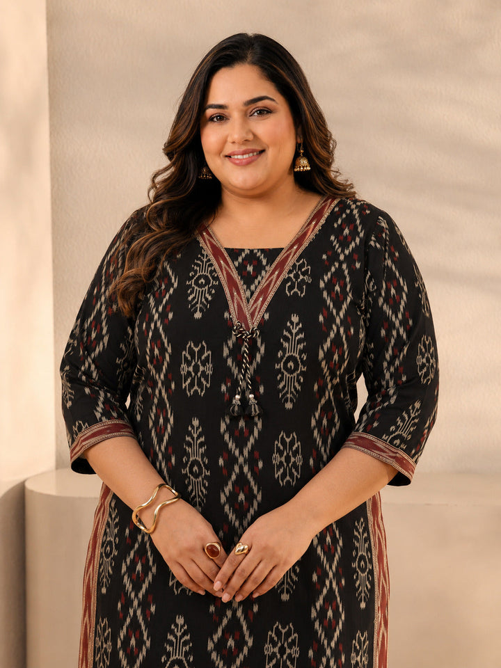 Plus Size Black Ethnic Printed Cotton Straight Suit Set With Dupatta