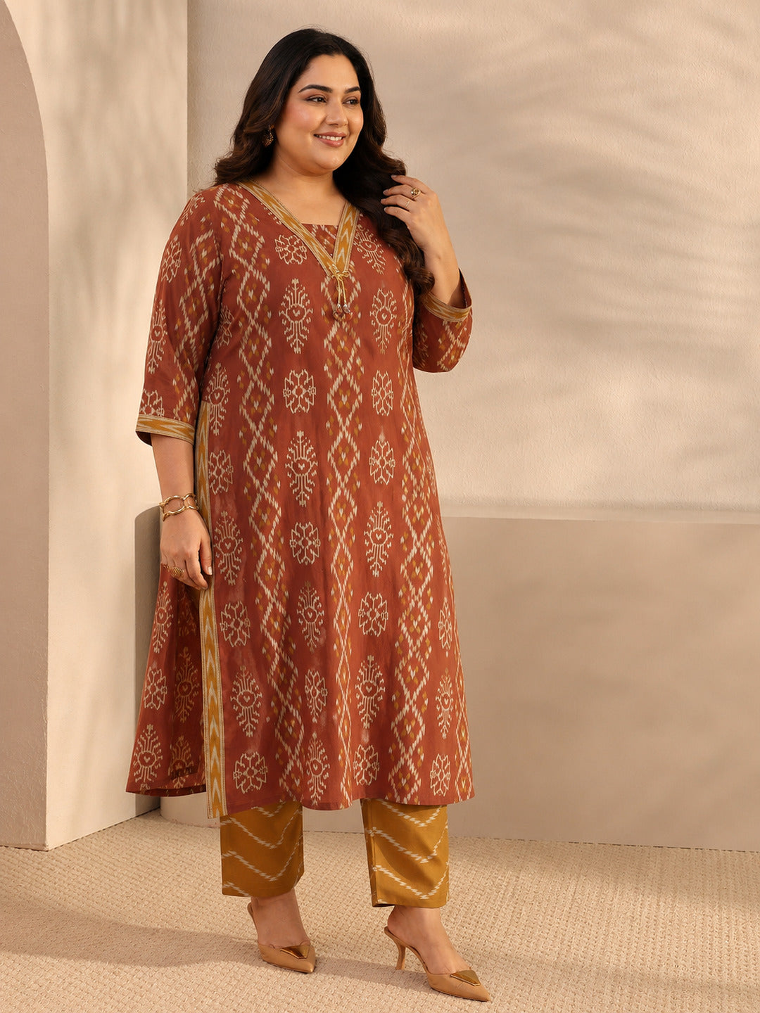 Plus Size Rust Ethnic Printed Cotton Straight Suit Set With Dupatta