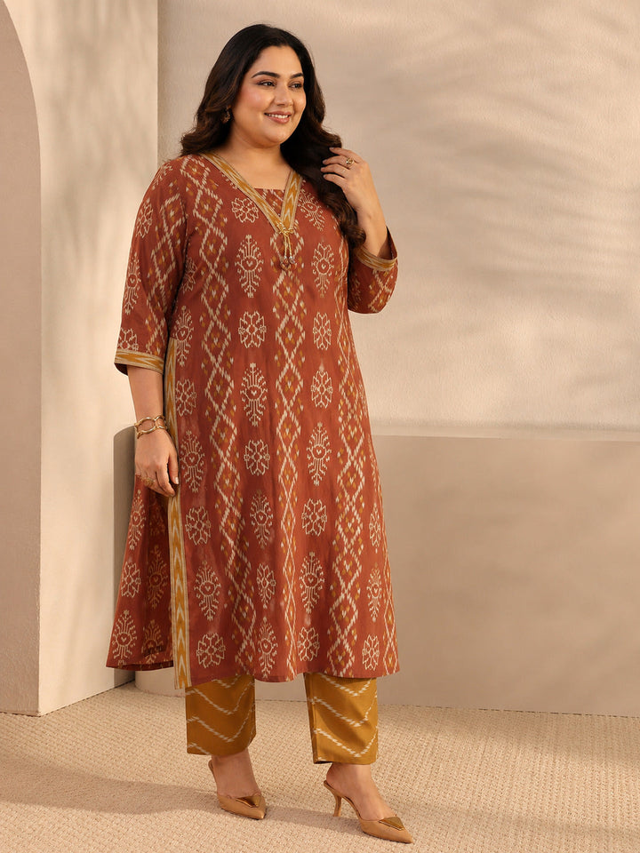 Plus Size Rust Ethnic Printed Cotton Straight Suit Set With Dupatta