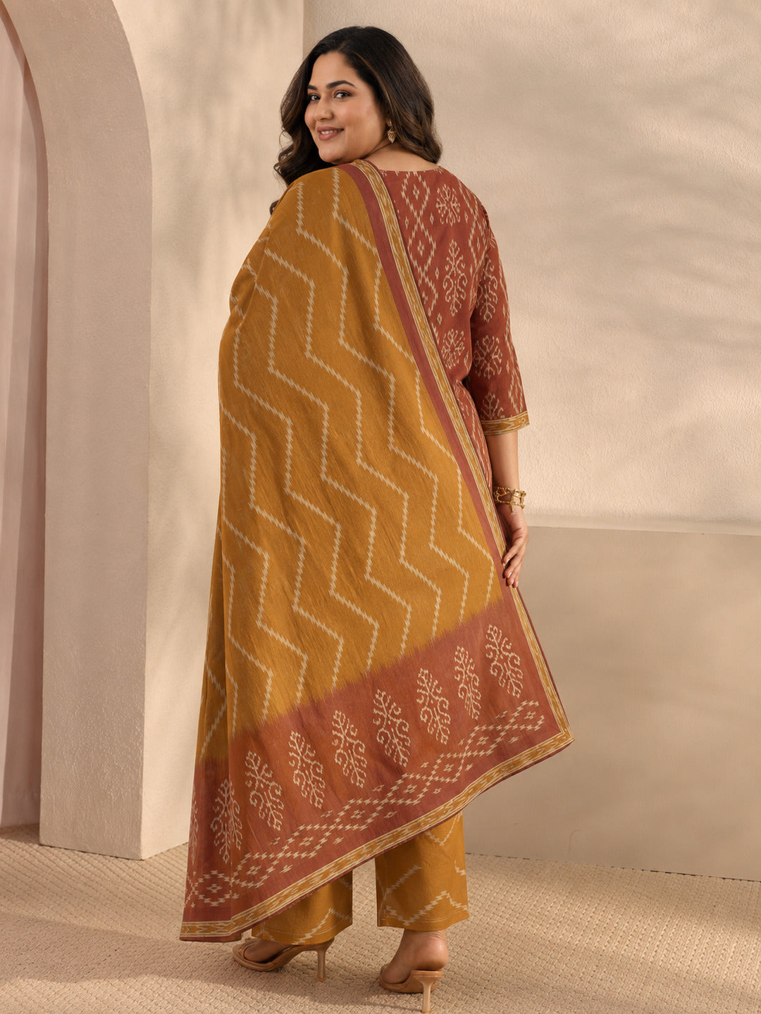 Plus Size Rust Ethnic Printed Cotton Straight Suit Set With Dupatta