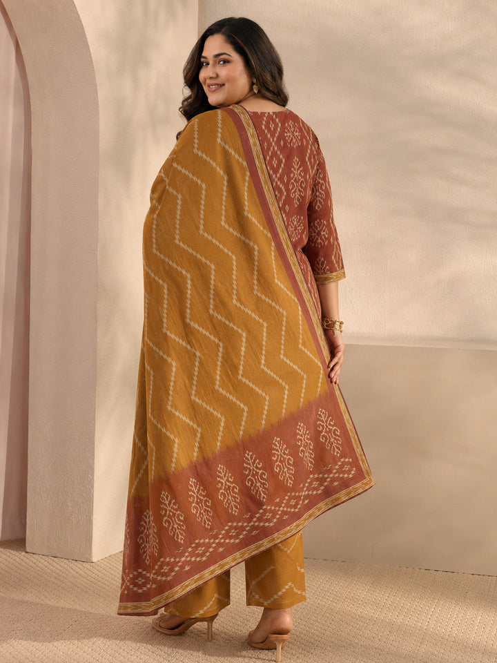 Plus Size Rust Ethnic Printed Cotton Straight Suit Set With Dupatta