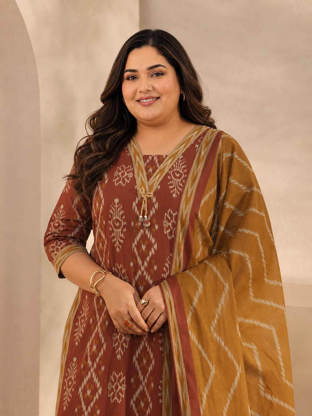 Plus Size Rust Ethnic Printed Cotton Straight Suit Set With Dupatta