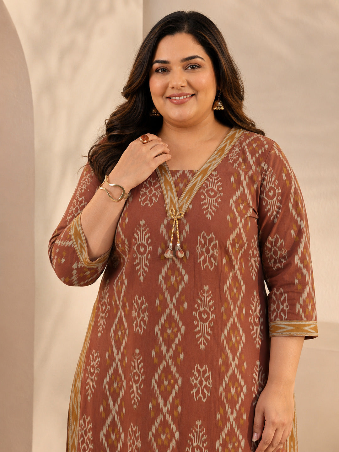 Plus Size Rust Ethnic Printed Cotton Straight Suit Set With Dupatta