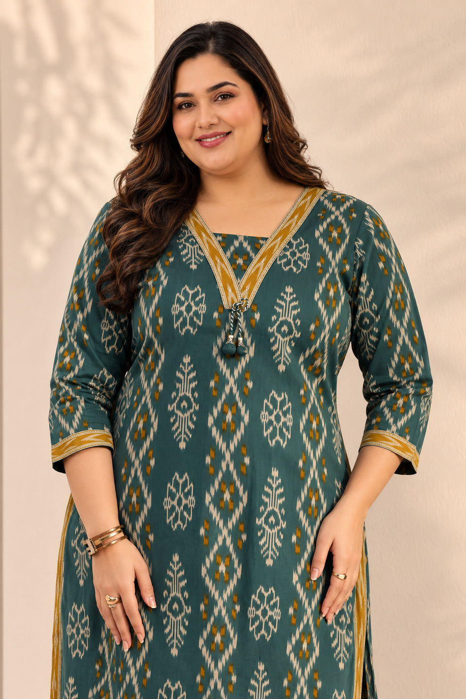 Plus Size Green Ethnic Printed Cotton Straight Suit Set With Dupatta