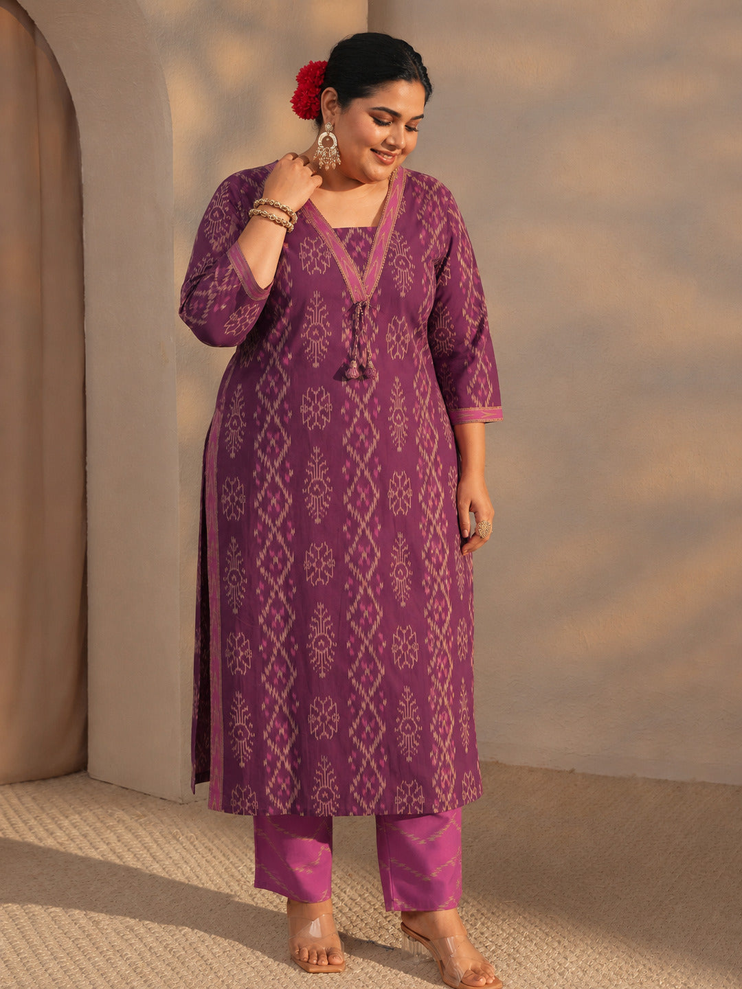 Plus Size Purple Printed Cotton Straight Suit Set With Dupatta
