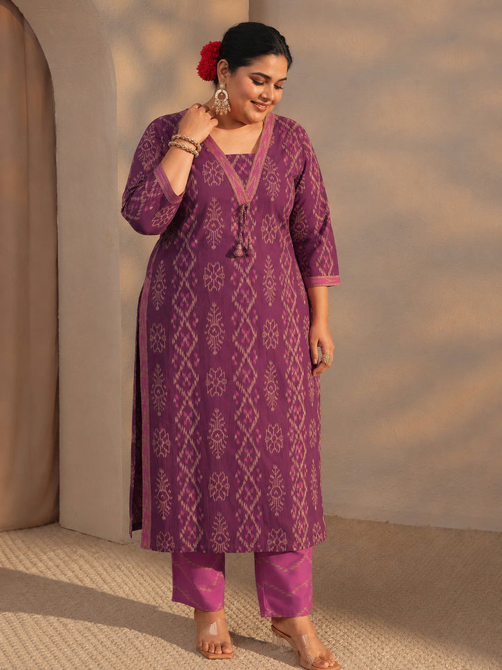 Plus Size Purple Printed Cotton Straight Suit Set With Dupatta